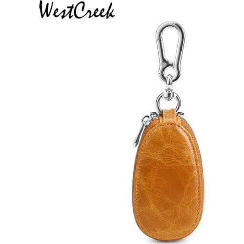 WESTCREEK Genuine Leather Car Key Organize Mini Portable Double Layer Oval Cowhide Car Home Key Holder Wallet With Hook