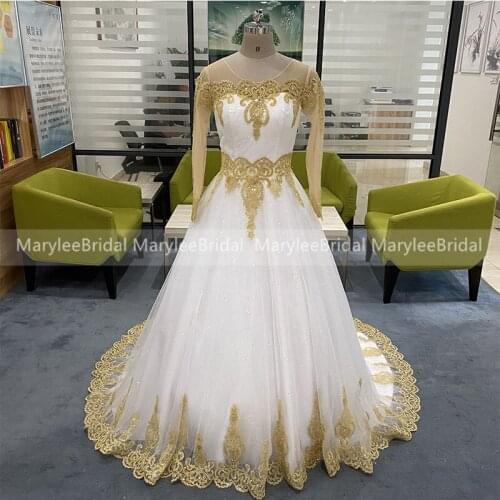 Glitter White Wedding Dress With Gold Lace Appliques Princess Ball Gown Long Sleeves Brazilian Bridal Dresses 100% Real Photos