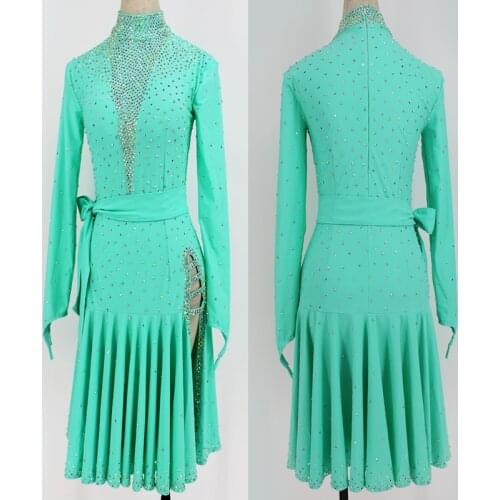 Shiny Latin Dance Dress Women Competition Dress Performance Costume Rhinestone Long Sleeved Dance Clothes Turquoise Color BL4602
