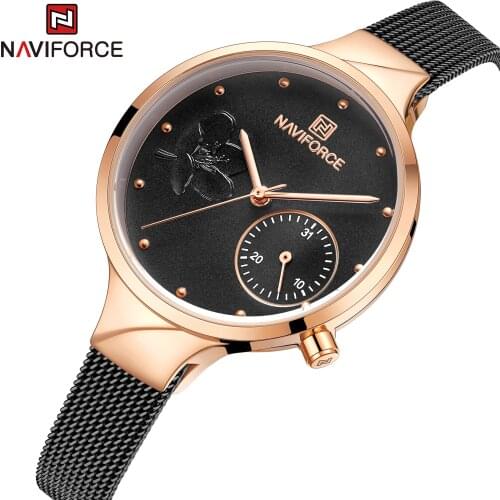 NAVIFORCE Women Watch Fashion Black Quartz Clock Lady Stainless Steel Simple Casual 3ATM Waterproof Wristwatch Gift for Wife New
