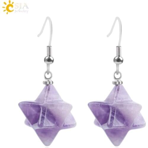 CSJA 2018 Bohemian Natural Gem Stone Merkabah Star Drop Earrings for Girl Opal Pink Crystal Lazuli Polyhedral Reiki Eardrop F021