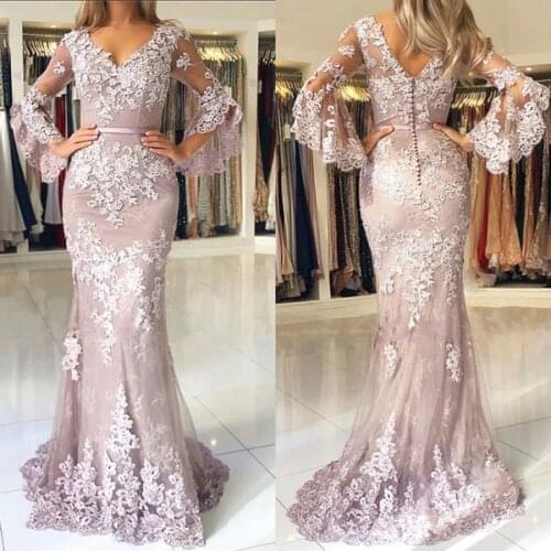 Formal Womens Dresses Pastel Mothers Modern Lace Mermaid Prom Dresses V Neck Long Sleeves Elegant Evening Wear vestidos