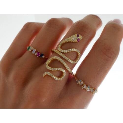 New arrived open size long snake ring rose gold color multi wrap women full finger snake shaped cz ring fashion jewelry
