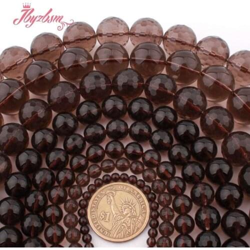 Round Smooth Faceted Smoky Quart z Crystal Beads Natural Stone Beads For DIY Necklace Bracelats Jewelry Making 15" Free Shipping
