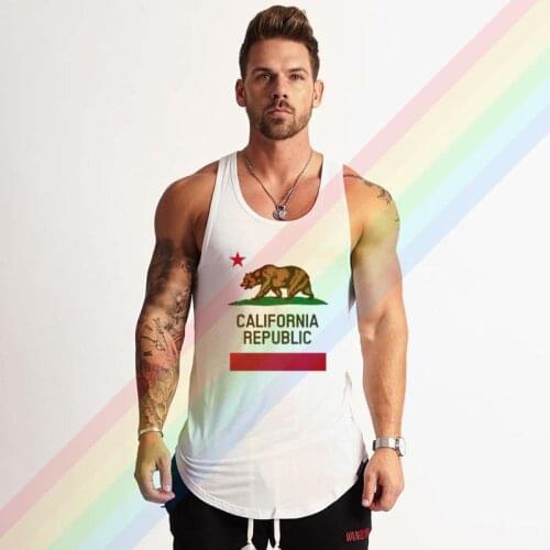 California Flag Republic Cartoon Bear Comfortable Bodybuilding Tank Tops For Men Summer Gym Clothing Customized Vest Shirts
