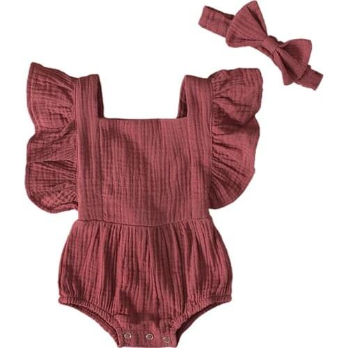 Newborn Kids Baby Girls Cute Solid Bodysuit Romper Summer Casual Outfit + Headbands