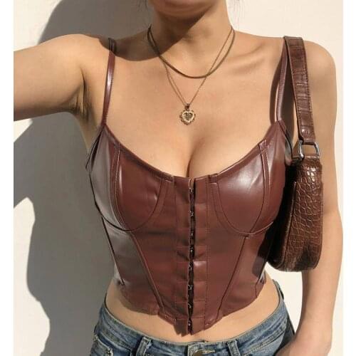 Fashion Women Top Sexy Femme PU Leather Camis Push Up Camisole Tank Top Women Solid Cropped Top Summer Women Party Clubwear
