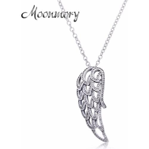 Moonmory European Style Angel Wing Necklace Authentic 925 Sterling Silver Pendant Necklaces With Clear CZ Fits For Women Jewelry