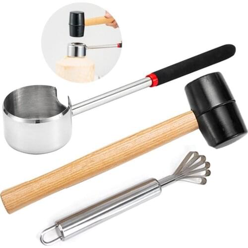 3Pcs Coconut Opener Tool Set Food Grade Stainless Steel Opener Coconut Meat Tool Wooden Handle Rubber Hammer Easy To Use Durable