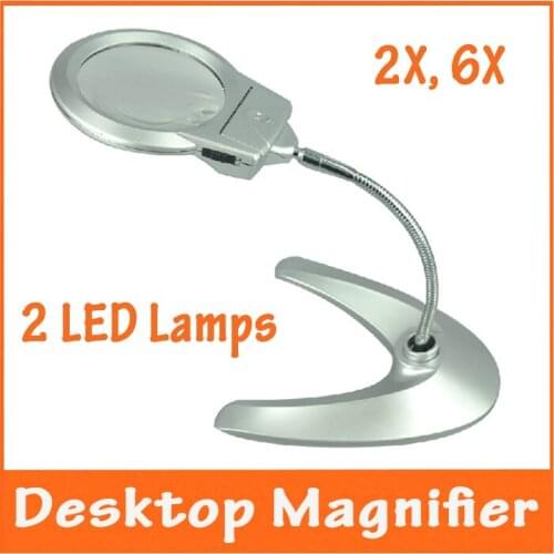 2X 6X Desktop Metal Hose Illuminated Elderly People Reading Magnifier Repair Tool Magnifying Glass with 2 LED Lamps Table Loupe