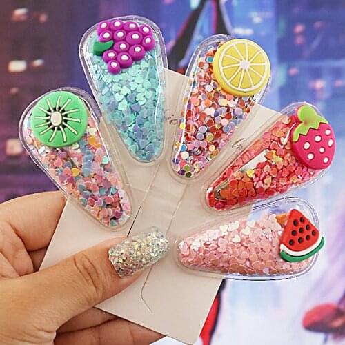 New Hot Fruit Transparent Cartoon Baby Hair Clips Sequin Heart HairPins Boutique Strawberry Colorful Lemon Children Barrettes