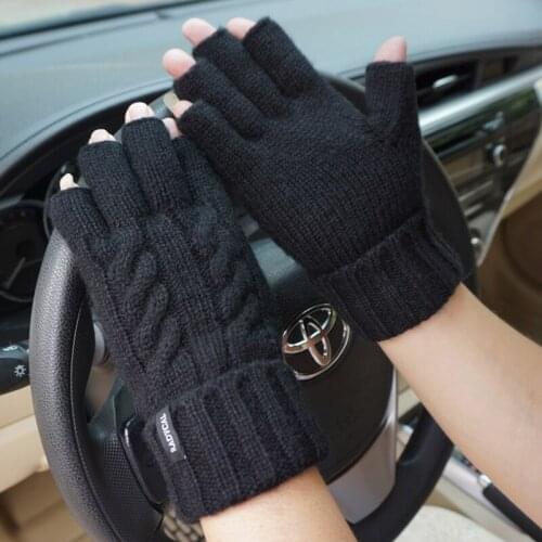 Fashion Male Fingerless Warm Gloves Genuine Sheep Wool Mitt Exposed Finger Autumn Knitted Wrist Mittens Driving Gloves For Men