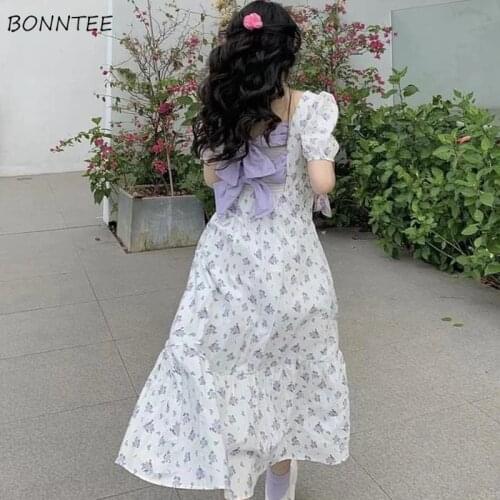 Dress Women Sweet Cute Floral Puff Sleeves Square Collar Ladies Sundress Ins Loose New Summer Girls Princess A-line Ulzzang Chic