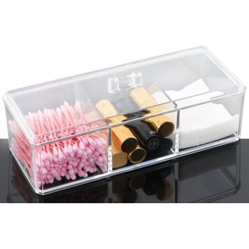 Clear Acrylic Makeup Organizer 3 Grids Cotton Swab Sticks Box Desktop Dust-proof Cosmetic Storage Box Portable Jewelry Box