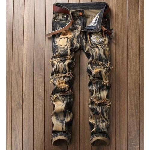 Destroy Wash Ribbed Jeans Men Tiger Embroidery Denim Jeans Punk Full Length Men Ripped Jeans Hip Hop Patchwork Urban Biker Jeans