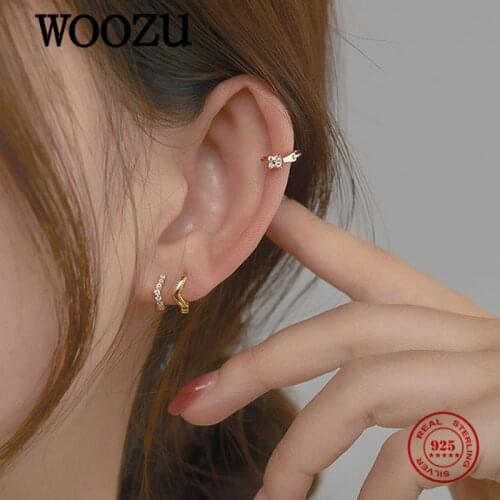WOOZU Genuine 925 Sterling Silver Minimalist Mini Ear Buckle For Women Fashion Korean Four-Leaf Clover Zircon Earring Jewelry