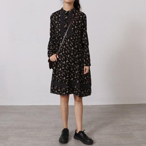 Japan Style Literary Mori Girl Double Cotton Yarn Dress Stand Collar Long Sleeve Lace Print Dress Women Autumn