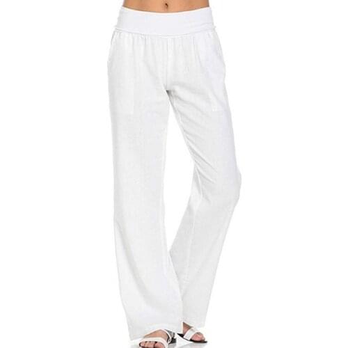 Cotton Linen Long Pants for Women Solid Color High Waist Wide Leg Pants Elastic Waist Ladies Loose Casual Trousers Plus Size