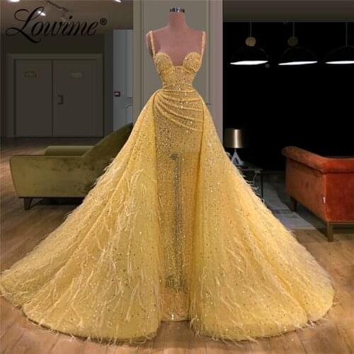 Yellow Feathers Party Dress For Weddings 2020 Beaded Prom Dresses Vestidos Evening Dress Dresses Woman Party Night Saudi Arabia