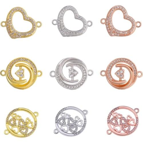 Juya DIY Womens Jewelry Findings Micro Pave Zircon Romantic Love Heart Connector Charms Pendants For Bracelets Necklace Making