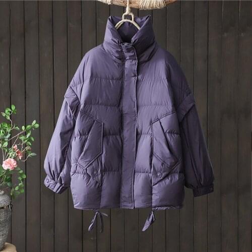 2021 Autumn Winter Draw String Casual White Duck Down Coats Down Jackets Women Vintage Loose Stand Collar Warm Female Jackets