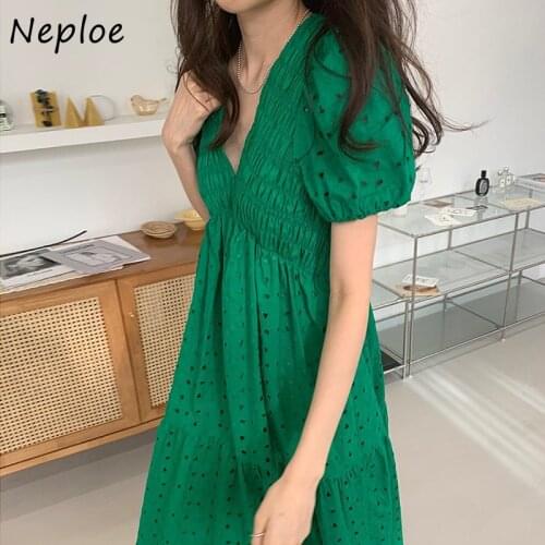 Kuzuwata Hollow Out Folds Dresses for Women Korean Chic Summer Retro Deep V-neck Vestidos High Waist Large Swing Long Robes