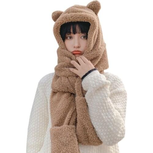 Winter Women Novelty Caps Warm Cute Bear Ear Hat Casual Plush Hat Scarf Gloves Set Casual Solid Fleece Women Caps FreeShip