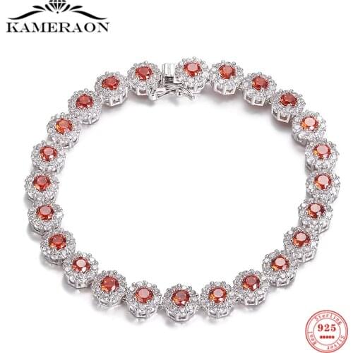 Sterling Silver 925 Orange White Zircon Bracelets Womens CZ Gemstone Bangle for Party Wedding Stylish Shiny Charm Bracelet