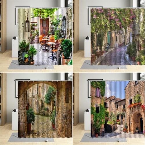 European Vintage Street Scenery Shower Curtain Country Style Small Town Flower Bathroom Decor Polyester Cloth Hanging Curtain Se