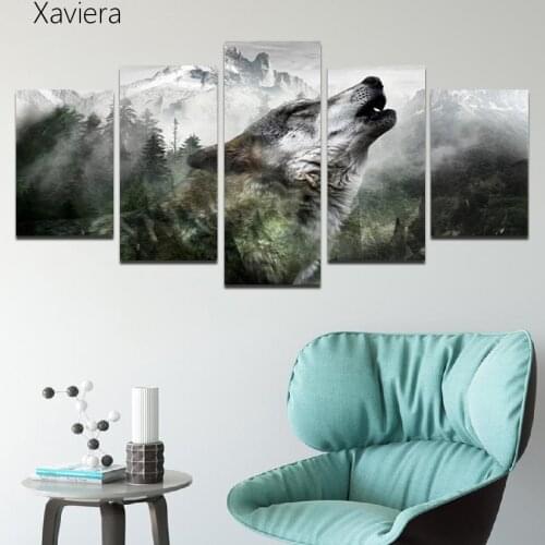 Printed Canvas Painting Animal Art Poster Wolf Calling In The Bush Hd Murals and Prints Family Decor Five-Piece Set Frameless