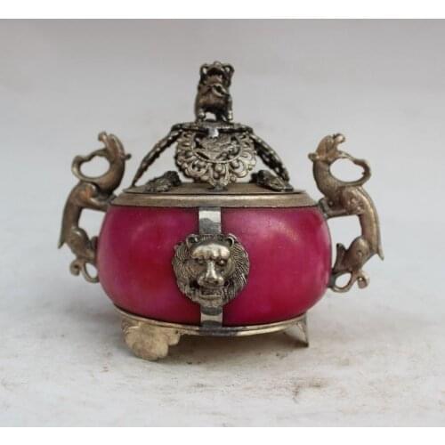 Chinese Antique Colourful Porcelain Armor Tibet Silver Handwork Incense Lion Censer Buddhism Supply Home Decoration