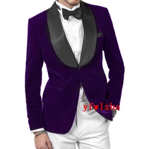 Handsome Velveteen Groomsmen Shawl Lapel Groom Tuxedos Wedding Dress Men Suits Blazer Prom Dinner (Jacket+Pants+Tie) K364