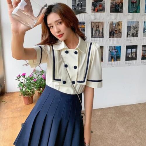 Summer Skirt Set For Women Outfit 2 Piece Set Japanese College Style Double Breasted Blazer Jacket High Waist Pleated Mini Skirt