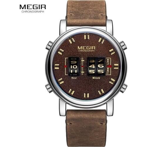 MEGIR Luxury Digital Watch Men 2019 New Relogio Masculino Brown Leather Strap Army Sport Quartz Wrist Watches Clock Man 2137