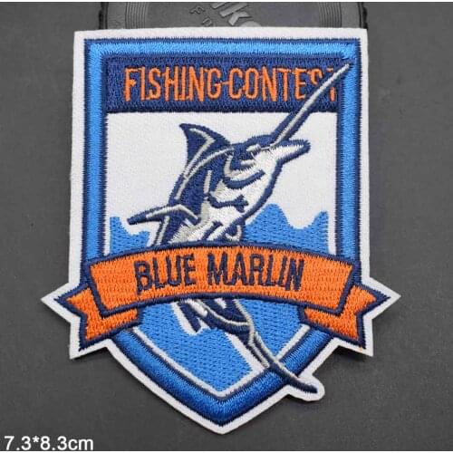 Fish Go Fishing Blue Marlin Iron on Full Embroidered Cloth Patch For Girls Boys Clothes Stickers Apparel Garment Accessories