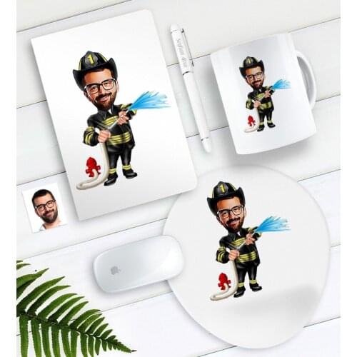 Personalized Mr Firefighter Officer Karikatürlü Notebook Pen Mug Mouse Pad Set Gift To your Beloved Person Special Design Moment