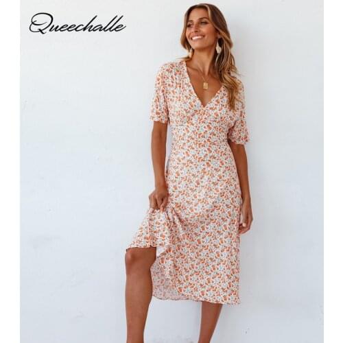 Women Dress Summer 2021 Sexy V Neck Floral Print Boho Beach Dress Ruffles Wrap Short Sleeve A Line Midi Dress Wrap Sundress Robe
