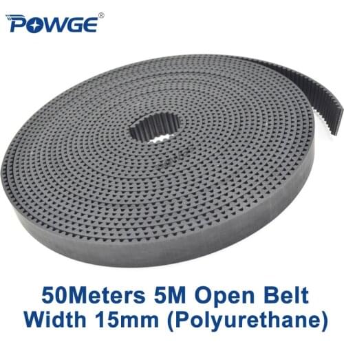 POWGE 50Meters PU Black Arc Tooth HTD 5M Open Timing belt 5M-15mm Width 15mm Polyurethane steel 15HTD5M Synchronous Belt gear