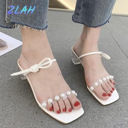 Womens Transparent High-heel Slippers Zlah Ladies Summer Pearl White Slippers Beach Ladies Sandals Womens Slippers