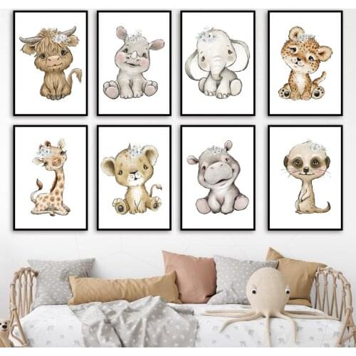 Elephant Giraffe Lion Hippo Cartoon Animal Wall Art Canvas Painting Nordic Posters And Prints Wall Pictures Baby Kids Room Decor