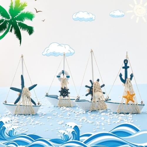 Mediterranean Wood Handmade Sailboat Model Cotton Net Boat Home Decorations Wood Crafts Ornaments for Living Room Bedroom