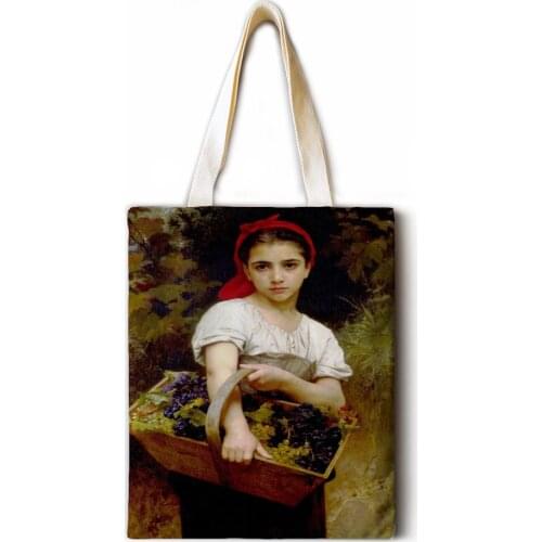 Renaissance oil painting hemp tote bag fashion shoulder bag ladies leisure ecological shopping high quality foldable handbag