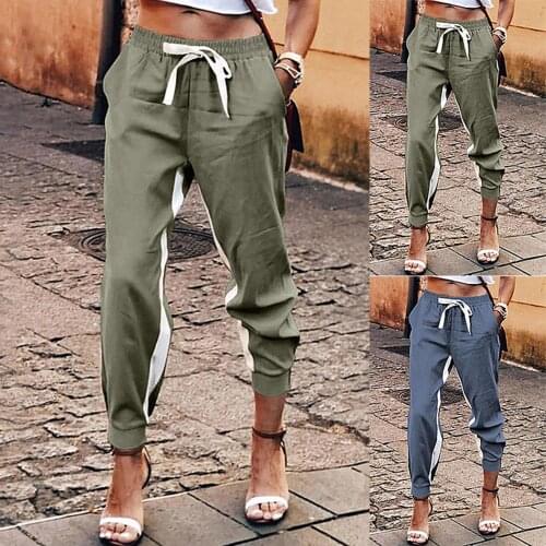 Women Casual Side Stripe Pockets Drawstring Ankle Tied Pants Sweatpants Trousers