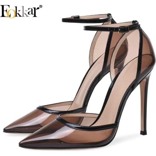 Eokkar 2019 Transparent Women Pumps 12cm High Heel Pumps PU Leather Sexy Party Shoes Ladies Closed Toe Size 45 Plus Size 35-45