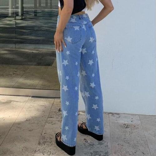 Cultiseed Women European Five Pointed Star Print Straight Denim Jeans Pants Female New High Waist Casual Full Length Trousers