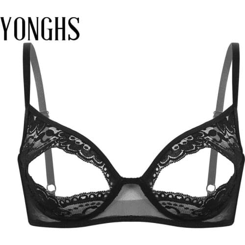 Womens Lingerie Sex Bra Sheer Lace Floral Adjustable Spaghetti Shoulder Straps Nipple Split Bralette Wire-free Unlined Bra Top