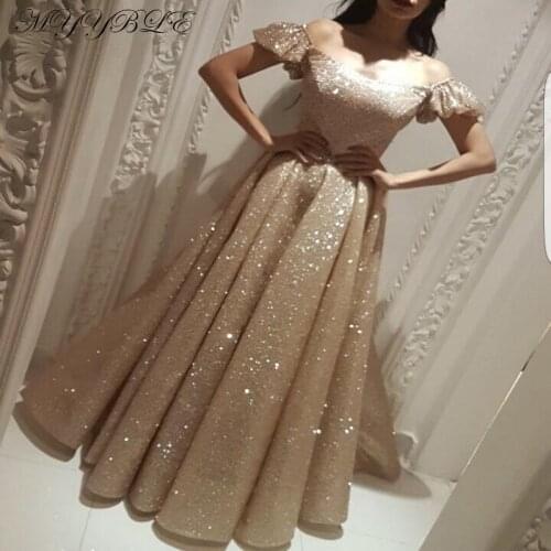 Robe de soiree 2020 Champagne Evening Dress Long A-Line Glitter Sequin Saudi Arabic Women Formal Prom Evening Gown abendkleider