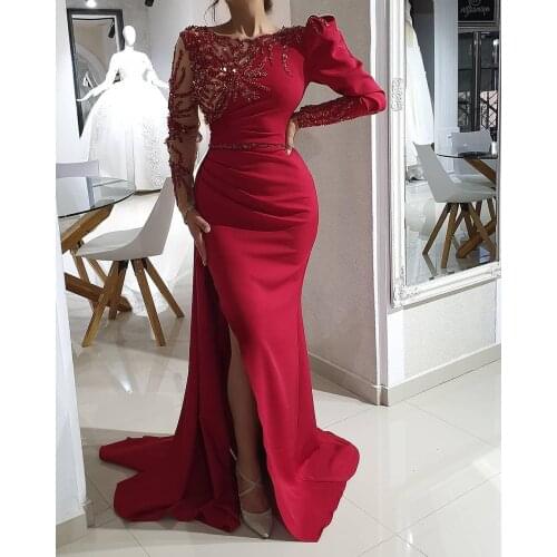 2022 Arabic Aso Ebi Red Luxurious Mermaid Evening Beaded Crystals Prom Dresses Long Sleeves Formal Party Second Reception Gowns