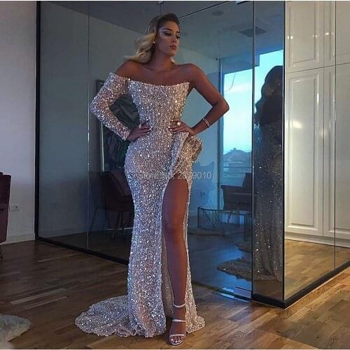 2020 Newest One Shoulder Mermaid Evening Dress Floor-Length Sequins Beaded Prom Dress Formal Dress Women Sexy Celebrity Dress
