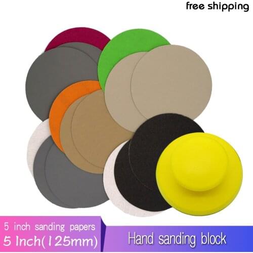 1 Pcs 5 Inch 125MM Hand Sanding Block, 30pcs Hand Hook and Loop Velcro Disc Sandpaper for sanding, wood polishing, buffing Set